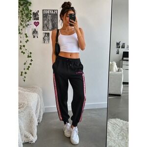 Bebe Sport Jogger Sweatpants M Black Pink Sequin Side Stripe Y2K Athleisure